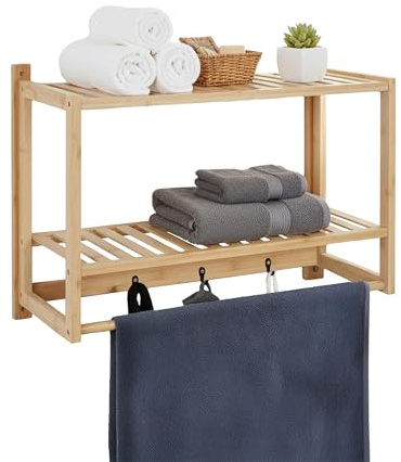Relaxdays Wandregal Bad, HxBxT: 40 x 60 x 23,5 cm, Bambus, Natur | Handtuchstange, 3 Haken, Hängeregal Badezimmer & Küche
