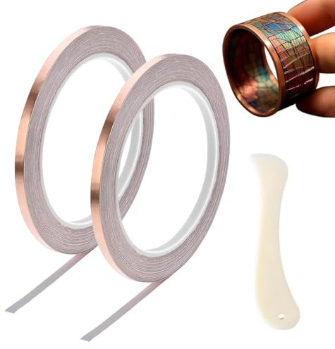 WUYJI Ruban adhésif aluminium, 2 rouleaux de ruban adhésif en feuille de cuivre de 5 mm x 50 m, ruban adhésif en feuille de cuivre spécifique pour guitare, avec raclette en plastique