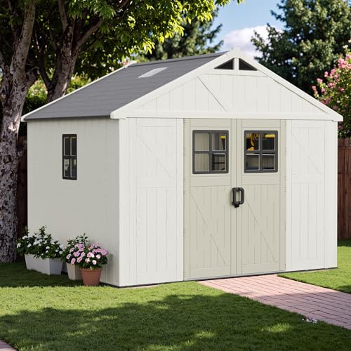 Greesum 10×8FT Plastic Outdoor Storage Shed with Floor and Lockable Door, Resin Sheds with Windows and Skylights, Organization for Garden, Lawn, Pool Supplies, Beige