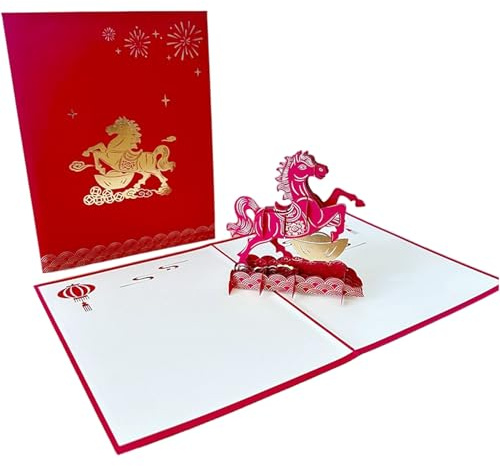 Rachlicy Cartes du Nouvel An chinois 2026 Cheval Décorations du Nouvel An lunaire Feuille d'or Fortune Chance 3D Cartes de vœux vierges pour femmes hommes enfants 6 x 8 pouces