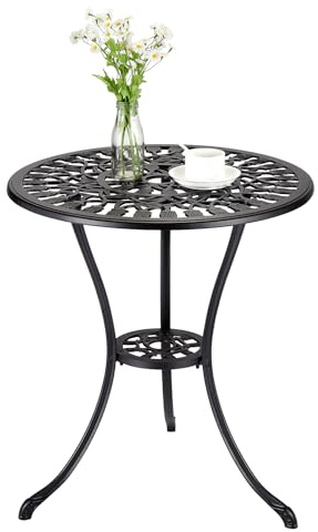 Garvee Table bistrot extérieurérieure élégante en Aluminium moulé, 60 cm, Trou pour Parasol – Design Tulipe Antique – Idéale terrasse, Jardin, Balcon, Piscine, Décoration Robuste, Noir