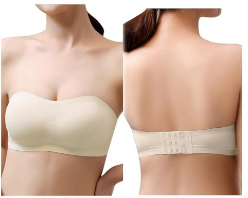 QKEPCY Reggiseni Fascia Donna Senza Spalline Strapless Bra Imbottito Push up Comfort Invisibile Senza Ferretto Supporto Naturale Reggiseno a Fascia Aderente per Abiti Scollati(Beige XL)