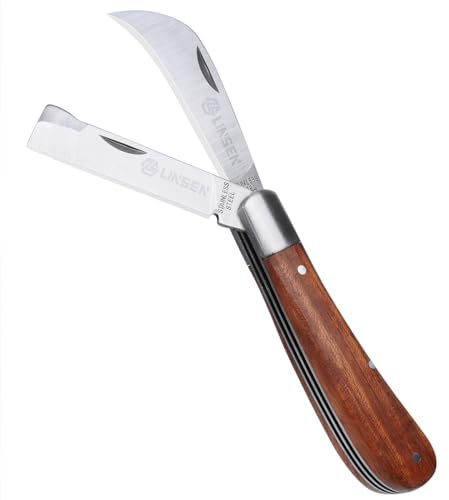 Linsen-outdoors Garden knife and Grafting Knife with double blade for Left & Right Handed Use,The classic design with confort rosewood handle and Stainless Steel Sharp balde
