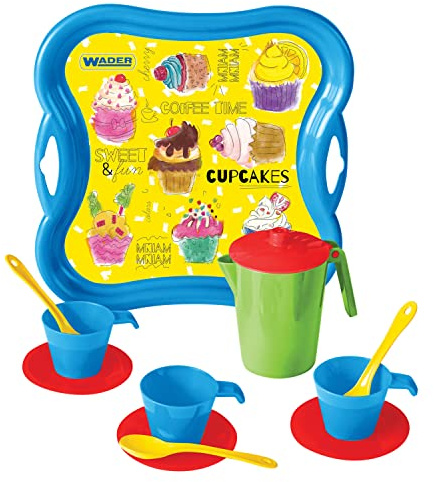 Wader Coffee Time Kaffeeservice, Spielgeschirr für Kinder, 11 Stück Spielgeschirr, inkl. Tablett mit Griff, Teller, Tassen, Kanne, Zuckerdose und Teelöffel, ab 1 Jahr