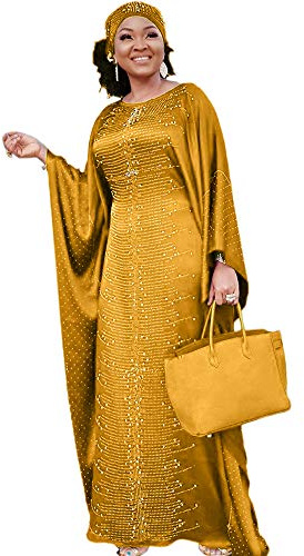 HD African Dress for Women Beading Rhinestone Gold Kaftan Maxi Dress One Size Fit All