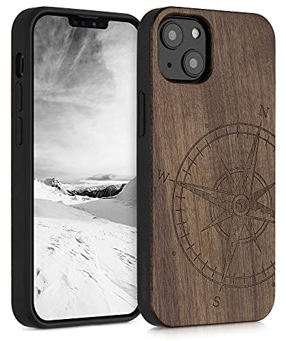 kwmobile Handyhülle für Apple iPhone 13 Hülle Holz - Case mit TPU Bumper - Stoßfestes Hardcase - Schutzhülle Cover in Dunkelbraun