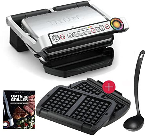 Tefal OptiGrill+ Plus elektrischer Kontaktgrill + XA7238 Waffelplatten + Schöpkelle + Optigrill Rezeptbuch, 6 Grillprogramme | Indoor Elektro Grill |, Edelstahl