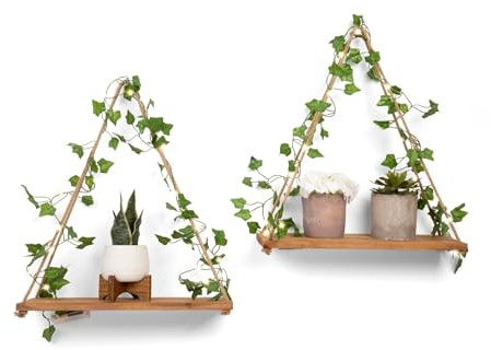 Jenasti Hanging Shelves Set of 2- Macrame Shelf with Artificial Ivy Vines LED Light Warm White - Boho Shelves for Bedroom Bathroom Living Room - Rope Hanging Plant Shelf Wall Decor