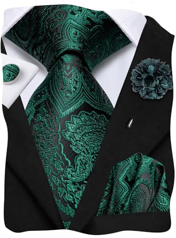 Hi-Tie Herren-Krawatte, Reversnadel-Set, Einstecktuch, Manschettenknöpfe, gewebte Seidenkrawatten für Männer, Hochzeit, formelle Anlässe, Schwarz-grüne Blume, M