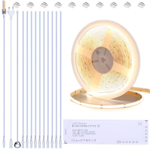 BENLUN 12V COB LED-list för underskåpsbelysning kök 10M, skärbar 4000K Naturvit LED-remsa självhäftande med dimmer och nätaggregat för skåpbelysning, akustikpaneler, skåp