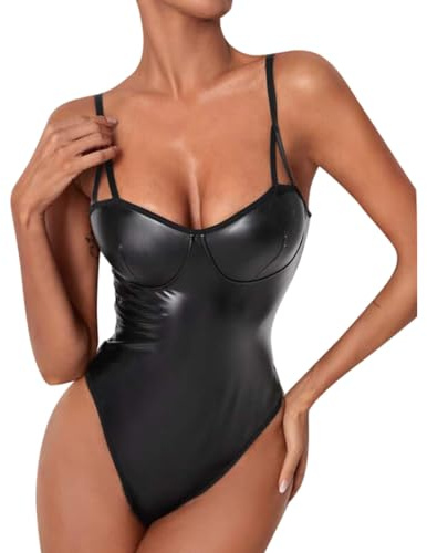 Satohom Women Sexy One Piece Leather Lingerie Set Strapless Backless Club Bodysuit Babydoll Sleeveless Nightwear Nightclub PVC Stretch Tops Leotard High Cut PU Party Outfits One Size