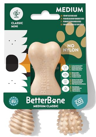 BetterBone - Tuggleksak för hund - Mini Medium Classic - Veggie Chew Bone Hund Nylon- och GMO-fri baserad på cellulosa - Tuggleksak medium hård neutral smak - Splitterfri och allergivänlig