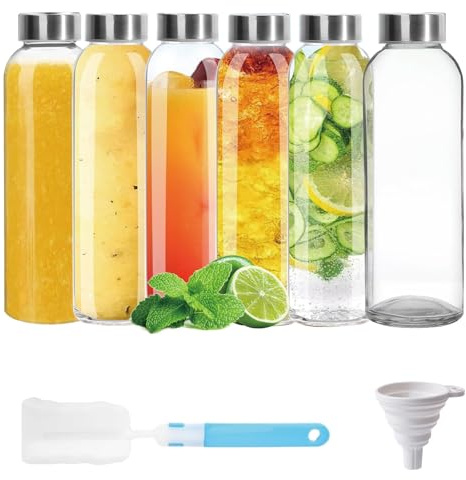 DYUEE Glass Water Bottles with Lids, 6 Pack 500ml Leakproof Lids Glass Jar