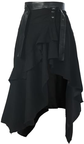 Gonna in ecopelle vintage da donna, stile gotico-punk, irregolare, arricciata, vita alta, gonna a linea A con cintura, Nero , L