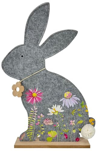 Online Fuchs Große Osterhasen Figur XL aus Filz mit Blütenkette aus Holz und weißem Puschelschwanz - 53 cm groß - Dekoration zu Ostern und Frühling (Dunkelgrau)