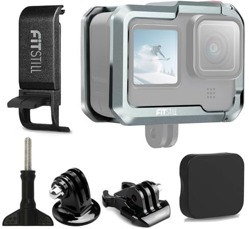 FiTSTILL Aluminum Cage Protective Case Frame Housing for Go Pro Hero 13 Hero 12 Hero 11 Hero 10 Hero 9 Black,Camera Replace Side Door&Lens Protector Double Cold Shoe Connect to Video Light Microphone