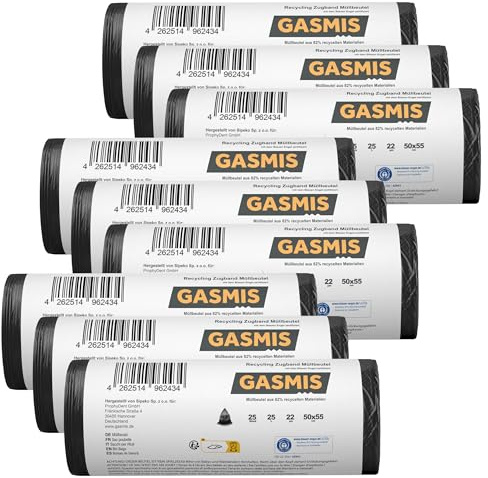 GASMIS Müllbeutel mit Zugband 25L – 9 x 25 Stück | Recycling Abfallsäcke 20 µm, reißfest & kompakt | Mülltüten für Haushalt, Bad & Büro | Blauer Engel zertifiziert | 9 Rollen Vorteilspack