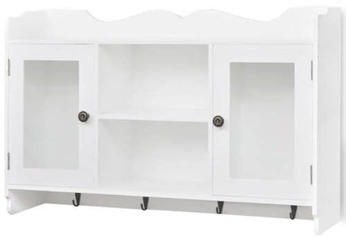Homgoday Vit hängande vitrinskåp av lackerad MDF med 2 glasdörrar och 4 krokar – vägg-köksskåp, max. 10 kg lastkapacitet modell 242435