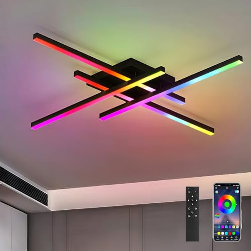 KZT LED Deckenleuchte Dimmbar mit Fernbedienung RGB Farbwechsel Deckenlampe 48W Groß Wohnzimmerlampe, Smart APP Steuerung, Memory Funktion, 3000K-6500K, für Schlafzimmer Küche Büro, Schwarz 70cm