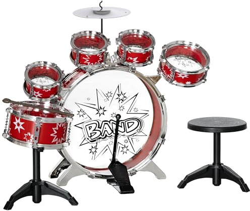 AIYAPLAY Batería Infantil con Taburete Batería para Niños de +3 Años con Tambores Bombo Platillo Pedal y Baquetas Diseño con Tema de Estrellas 65x22x57 cm Rojo