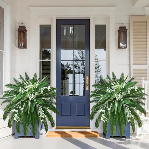 Livole 2 Pcs 48 2-in-1 Fake Ferns with Spider Plant, Artificial Ferns for Outdoors Large Faux Boston Fern with 78 Branches Realistic UV Resistant for Planter Indoor Home Garden Porch Hanging Decor