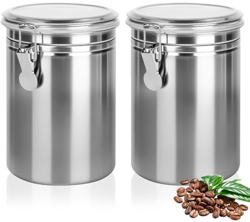 XCRPRT 2 Stück Kaffeedose Luftdicht mit Deckel, 1.8 L Kaffeebohnen Behälter aus Edelstahl, kaffeebohnen aufbewahrung Kaffeebehälter für Mahl, Bohnen, Tee, Mehl, Getreide und Zucker(Silber)