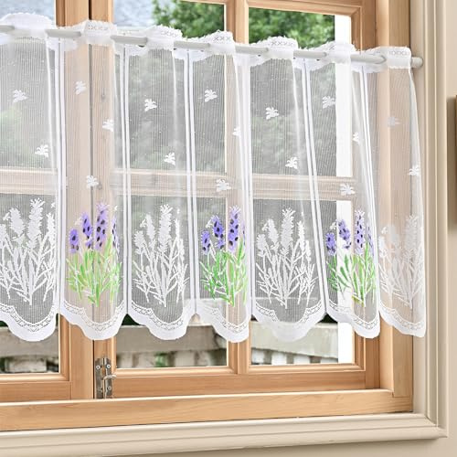 Tolldek Scheibengardinen Bistrogardine, Weiß Bistrogardine Spitzenvorhänge mit Lavendel Transparent Voile Jacquard Küchengardine Spitze Kurzgardine Scheibengardine Kurze Küchengardinen 45x100cm HxB