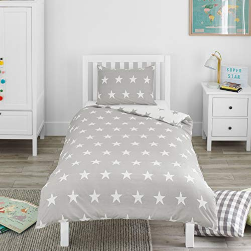 Bloomsbury Mill - Kinderbettwäsche 135x200 - Grau und Weiß Sterne - Bettwäsche 135x200 Kinder Set für Mädchen und Jungen - Wendebettwäsche und Kissenbezug - Einzelbettwäsche-Set