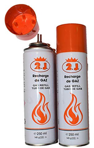 2J Lot de 2 Recharges pour briquets gaz , Challumeau De Cuisine, Allume Gaz, Kit De Patisserie,Feu, Recharge Butane,Bonbonne, Bouteille, Chargeur ou Cartouche Gaz Briquet De Marque Francaise 250 ml