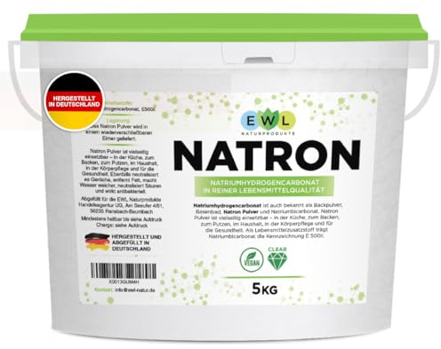 EWL Natron Pulver 5kg | Baking Soda | Lebensmittelqualität | Eimer | Deutsche Herstellung & Abfüllung | Wiederverschließbarer & recyclebarer Behälter | Hochrein | Backpulver-Ersatz & Allrounder