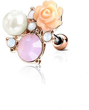 Tapsi´s Coolbodyart® Ohr Cartilage Tragus Barbell Edelstahl Chirurgenstahl 316L Roségold Kristalle Opale Perle Rosenblüte