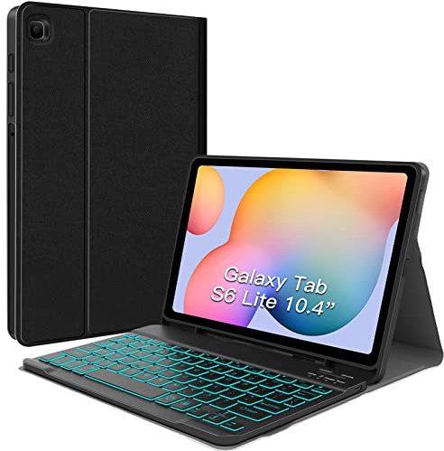 JUQITECH Backlit Wireless Keyboard Case for Samsung Galaxy Tab S6 Lite 10.4 | UK Layout Detachable 7-Color Backlit Keyboard, Soft TPU Protective Case Cover, S Pen Holder, USB-C, For Study, Travel, Office