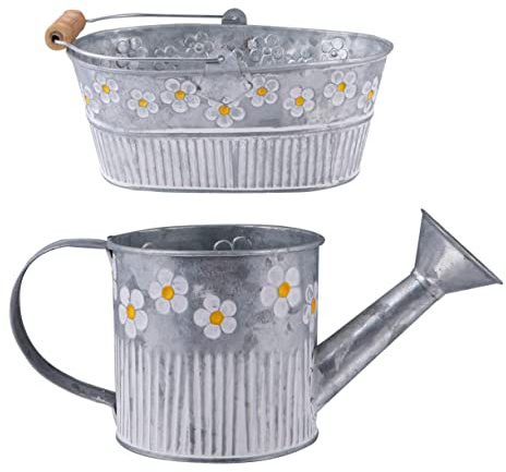 Yardwe Vintage Style Bucket 8.27In Antique Iron Flower Pot with Daisy Pattern Galvanized Metal Gardening Pail for Indoor Outdoor Planting and Home Decoration