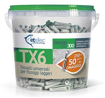 Secchiello Box 300 Tasselli Universali TX6 Nylon 6X30 mm Vite 4,5x40 mm 300 +50 omaggio tappo verde