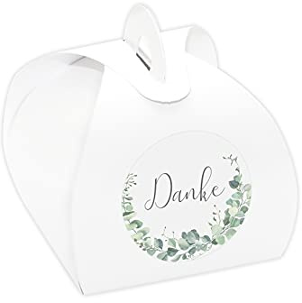 24 x Kartonagen weiß + Aufkleber 'Eukalyptus - Danke' Gastgeschenke Set für Hochzeit, Taufe, Kommunion, Konfirmation