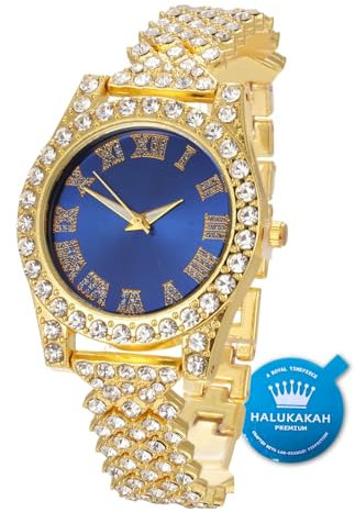 HALUKAKAH Diamants Montre en Or,Enfant Or Véritable 18K Plated 36MM Largeur Bleu Cadran Quartz 20cm, Boîte Cadeau Gratuite