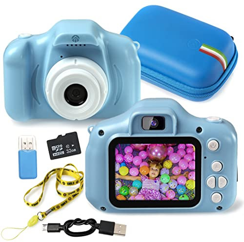 An ShopTo Macchina Fotografica Bambini Azzurra Doppia Fotocamera Full Hd 20Mp Zoom 8X Con Micro SD 32Gb Custodia In Gomma Antiurto Impermeabile Idea Regalo Compleanno Per Bimbi Da 3-8 Anni