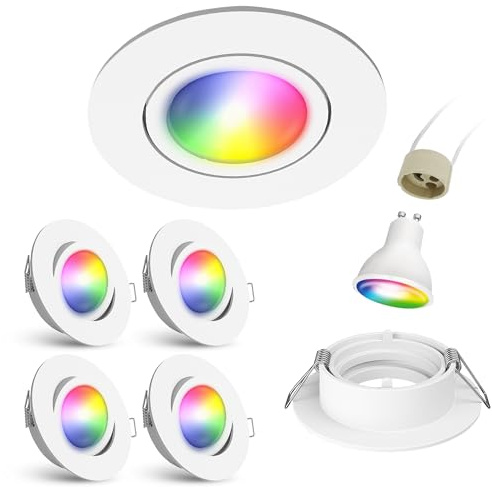 linovum Einbaustrahler 4er Set weiß rund schwenkbar Smart GU10 WLAN RGBW | Vier smarte Deckenspots weiß matt - schwenkbar, per App steuerbar, RGB & warmweiß bis tageslicht, fürs Wohnzimmer, inkl. LED