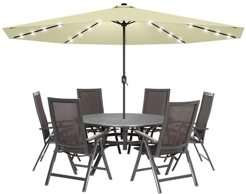 Froadp 350cm Sonnenschirm mit Griff Gartenschirm aus Aluminium Faltbarer Achteckig Terrassenschirm mit UV Schutz für Balkon Terrasse Garten (Beige mit LED)