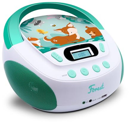 MOOOV 477147 Lecteur CD Enfant Forest MP3 et Port USB - AUX-in - Prise Casque - Poste Portable avec Poignée de Transport - Alimentation Secteur ou Piles - Vert et Blanc