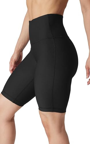 90 Degree By Reflex Pantalones cortos de ciclista de cintura alta para mujer, acanalados, para entrenamiento, yoga, correr, control de abdomen, elastano, Negro acanalado de 9 pulgadas, M