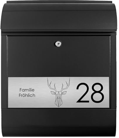 banjado Briefkasten personalisiert mit graviertem Namensschild in Edelstahl - Wandbriefkasten Schwarz - Postkasten mit Hausnummer, Namen & Motiv Sternbild Hirsch - Briefkasten mit Zeitungsfach