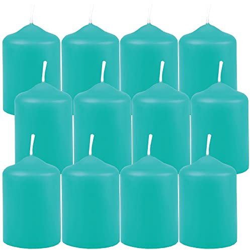 HS Candle - Candele di cera, a colonna, turchese, Ø 4 cm x 6 cm (12 pezzi), in diversi colori, prodotte in UE, candele a pilastro, in cera