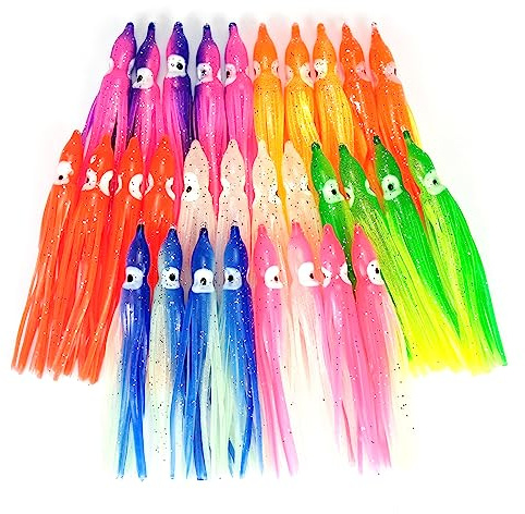 Piscorush Esca Luminosa per Calamaro con Gonne di Polpo, Esca Morbida in Plastica per Pesca al Traino, Esca da Acqua Salata Multicolore 5 cm - 15 cm (Set di 7 Colori/30 Pezzi, 8 cm)