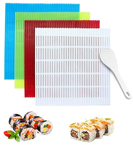 LIUCONGBD 4 Stück Antihaft-Sushi-Rollmatte aus Kunststoff, Hausgemachter Sushi-Roller-Bausatz mit Reispaddel, Japanische Sushi-Matte für die Heimküche DIY Sushi-Teller-Matte