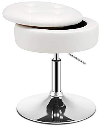 LIFEZEAL Schminkhocker höhenverstellbar 51-66 cm, Sitzhocker 360 ° drehbar, Drehhocker mit Strauraum, runder Bürohocker PU, Arbeitshocker für Schlafzimmer, Wohnzimmer & Büro (Weiß)