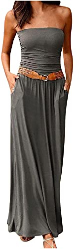 TRIGLICOLEUM Sexy Schulterfreie Bandeau-Kleid Damen Einfarbig Slim Fit Sommerkleid Rückenfreie Strandkleid Ärmelloses Bodenlange Maxikleid Lange Kleider mit Gürtel Kleid in A-Linie Partykleid, Grau