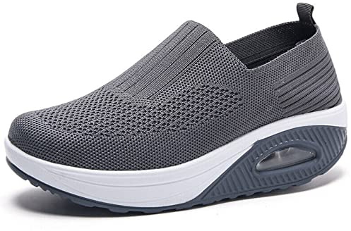 Dfcdcoo Ortopediska sneakers för kvinnor, ortopediska sneakers för kvinnor, luftkudde slip-on promenadskor plattform nät sneakers sandaler (mörkgrå, 38)
