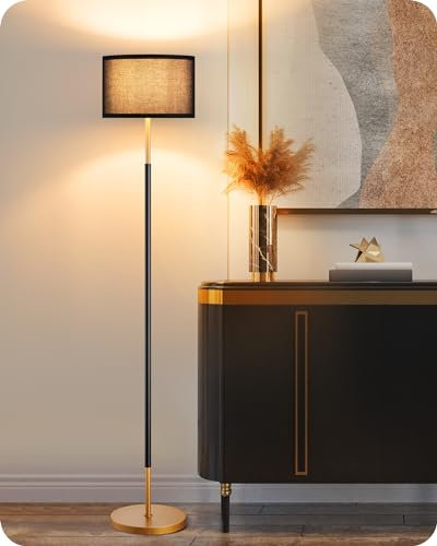 EDISHINE Lampada da Terra con Interruttore a Pedale, Paralume in Lino Nero, Portalampada E27, Moderna Lampada da Terra a LED per Camera da Letto, Studio, Soggiorno (Lampadina 2700K Inclusa)