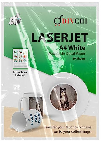 DIVCHI Wasserschiebe-Aufkleberpapier, A4-Größe, Aufkleber, Wasserrutschen-Transferpapier (20 Blatt), Weiß (Laserjet-Papier))